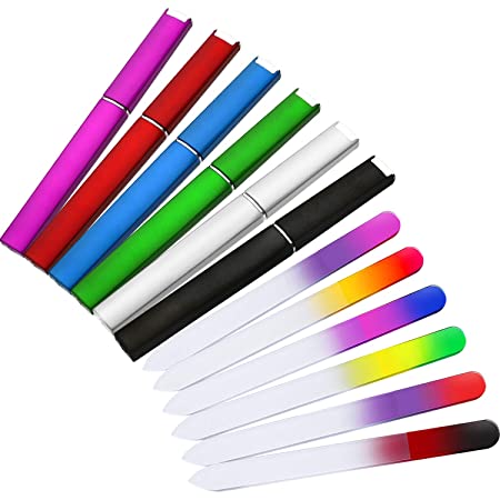 6 Pack Glass Nail Files with Case Crystal Glass Fingernail Files Double Sided Glass Nail File Mixed Color Manicure Set for Gentle Nail Care (Blue, Rosy, Red, Green, Silver, Black)