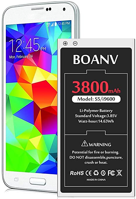 3800mAh Battery for Galaxy S5, BOANV Ultra High Capacity EB-BG900BBC Replacement Battery for Samsung Galaxy S5 AT&T G900A, G900F, G900H, G900R4, I9600, SM-G900V, SM-G900P, SM-G900T
