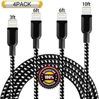 BULESK iPhone Cable 4Pack 3FT 6FT 6FT 10FT Nylon Braided Certified Lightning to USB iPhone Charger Cord for iPhone X 8 8Plus 7 Plus 6S 6 SE 5S 5C 5, iPad 2 3 4 Mini Air Pro, iPod Nano 7 (Black&White)