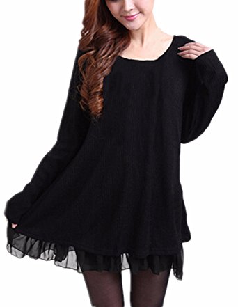 StyleDome Women Lace Hem Long Sleeve Round Neck Doll Flare Maxi Mini Dress