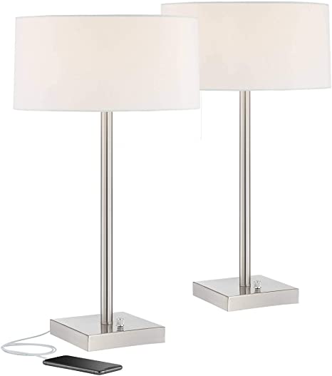 Andre Modern Table Lamps Set of 2 with USB and AC Power Outlet in Base Metal White Drum Shade for Living Room Bedroom Bedside Nightstand Office Family - 360 Lighting