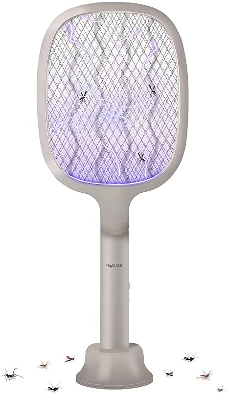 Night Cat Bug Zapper Racket with Attractive Purple Lamp Light and Foldable Handle Electric Fly Swatter Racquet Electronic Mosquito Killer with USB Rechargable 4000V