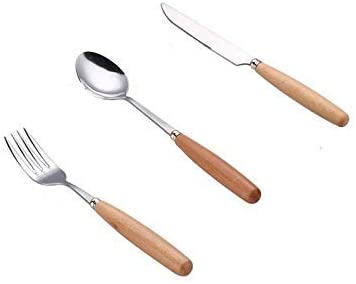 MBB 12 Pieces Wood Stainless Steel Cutlery Set Wooden Handle Flatware Set Knife Fork Spoon Service for 4