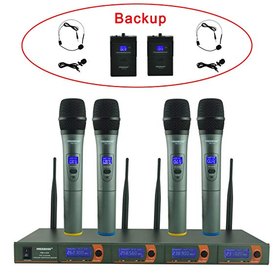 Freeboss FB-V04 4 Channel 4 Handheld Vhf Wireless Microphone ( with 2 Body-pack Headset and Lavaliver Microphone Backup)