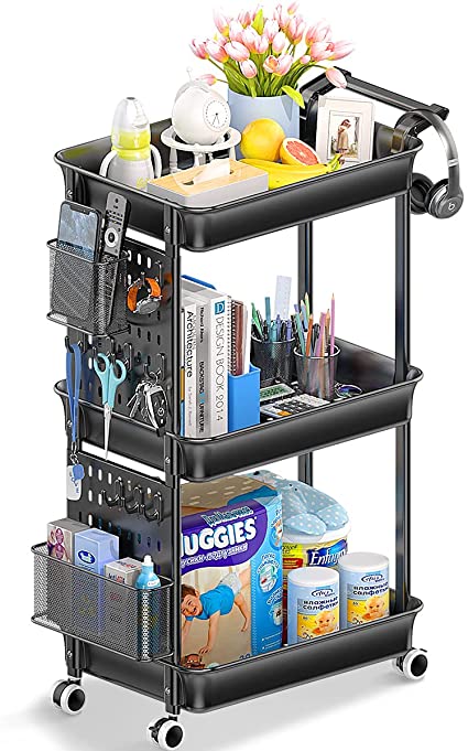 ADOVEL 3 Tier Rolling Cart, Utility Carts with Wheels, Removable Storage with DIY Pegboard, Trolley Organizer for Craft, Books, Art, Salon, Office
