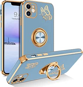 BENTOBEN for iPhone 11 Case, Phone Case iPhone 11, Slim Fit Gold Butterfly Design Kickstand Ring Holder Shockproof Protection Soft TPU Bumper Drop Protective Girls Women Boys iPhone 11 Cover, Grey