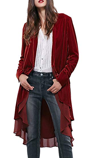 R.Vivimos Womens Ruffled Asymmetric Long Velvet Blazers Coat Casual Jackets