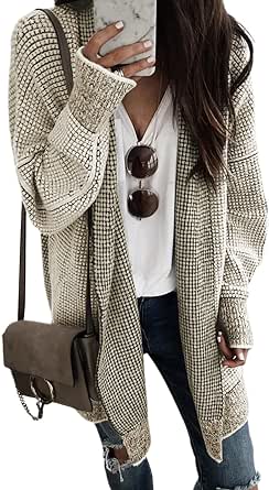 Sidefeel Womens Plaid Long Sleeve Open Front Cardigan Oversized Chunky Knit Sweaters Coat