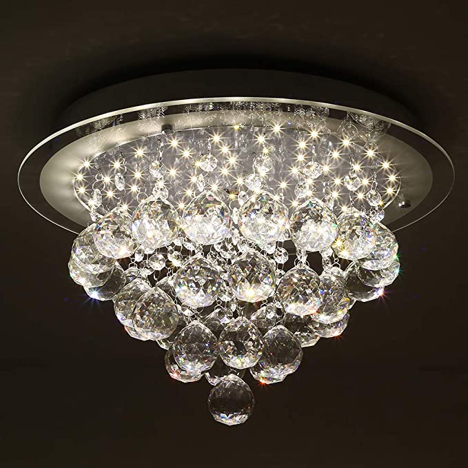 Horisun Crystal LED Ceiling Light Fixture Flush Mount, K9 Gorgeous Crystal Ball Pendant Lamp Ceiling, Dimmable Modern Round Chandelier for Dining Room, Bedroom, Kitchen, Staireweel, 4000K, 1980LM