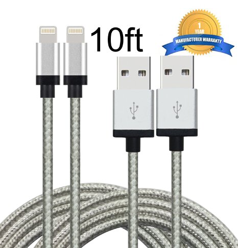 Mribo 2pcs 8Pin Lightning Cable Nylon Braided Charging Cable Extra Long USB Cord for iphone 6s 6s plus 6plus 65s 5c 5iPad Mini AiriPad5iPod on iOS9 With Aluminum Connector10FT
