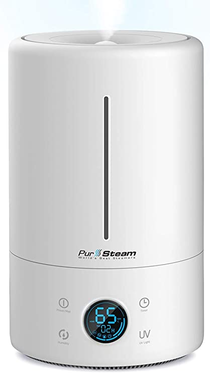 PurSteam 4.5L CoolMist Humidifier,LED Disp, Adj Auto-Off Timer,Temp and Humidity Displays,Aroma Tray for Essential Oils, Nightlight,Auto Shut-Off & Humidity Level Setting
