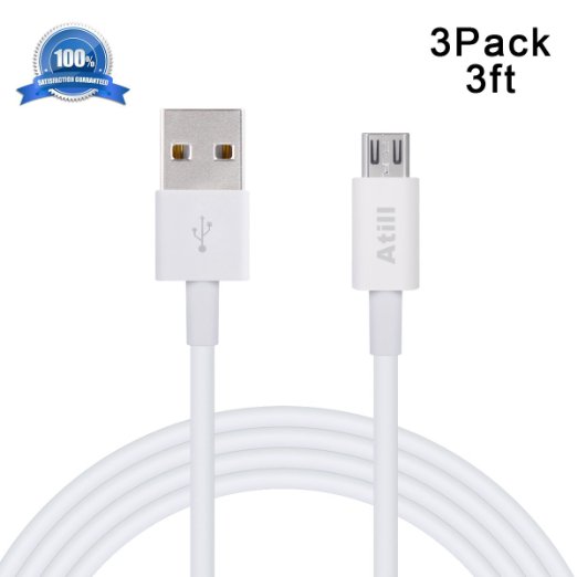 Atill 3Pack 3ft Premium Micro USB Cable High Speed USB 2.0 A Male to Micro B Sync and Charging Cable for Samsung, HTC, Motorola, Nokia, Android, and More