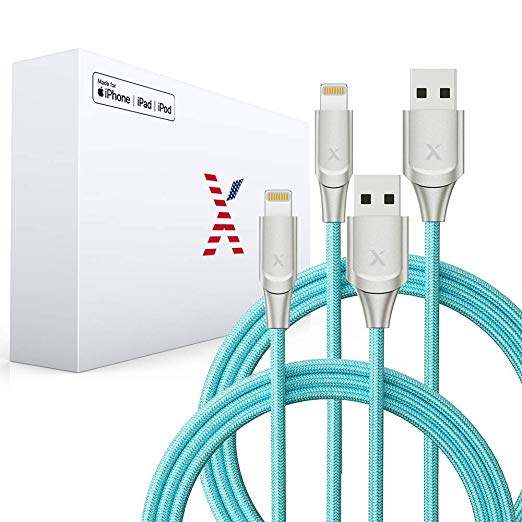 Xcentz Lightning Cable 6ft [2-Pack], MFi Certified iPhone Cable Lightning Charger, Premium Double Nylon Braided Fast Charger Cord for iPhone X / 8/8 Plus / 7 / 6s, iPad, iPod (Teal, 6ft)