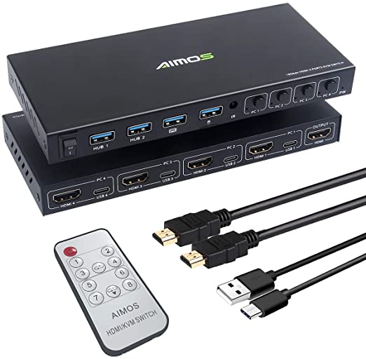 AIMOS HDMI KVM Switch Box, 4 in 1 Out UHD 4K@60Hz, USB Switch Selector with 4 USB2.0 Hub, 4 Computers Share 4 USB 2.0 Devices and one HD Monitor, Support Wireless Keyboard and Mouse