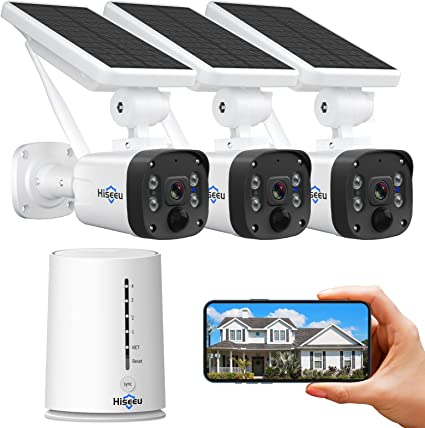 Hiseeu Wireless Security Camera System Outdoor, 3MP Solar Camera 100% Wire-Free, Battery Powered Home Camera with 2-Way Audio, PIR Motion Detection, Night Vision, IP66, Pre-Installed 64G SD Card