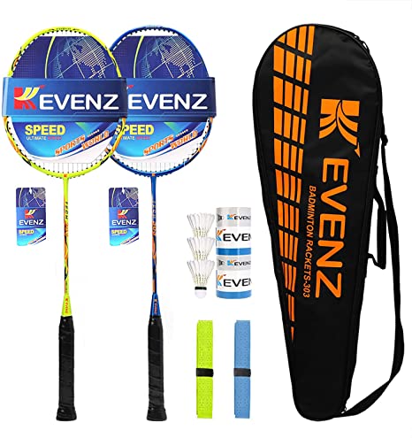 KEVENZ Badminton Racket Set, Including 1 Yellow and 1 Blue Carbon Fiber Badminton Racquet, 3 Goose Feather Badminton Birdie, 2 Racket Grip and 1 Carring Bag