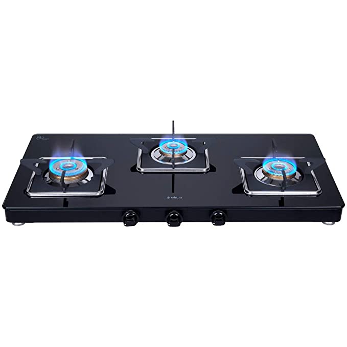 Elica Slimmest 3 Burner Gas Stove with Square Grid and Brass Burner (773 Ct Vetro (Slim Line Spf))