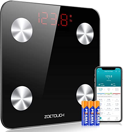 ZOETOUCH Body Fat Scale, Smart BMI Scale with BIA Technology & Baby Mode, Body Composition Monitor Analyzer Bathroom Weight Scale Sync 1byone Apple Health Google Fit Fitbit App, 396 lbs, Black