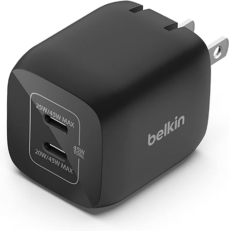 Belkin 45W Dual USB-C Wall Charger, Fast Charging Power Delivery 3.0 w/GaN Technology for iPhone 15, 15 Pro, 15 Pro Max, 14, 13, Pro, Pro Max, Mini, iPad Pro 12.9, MacBook, Galaxy S23, & More - Black