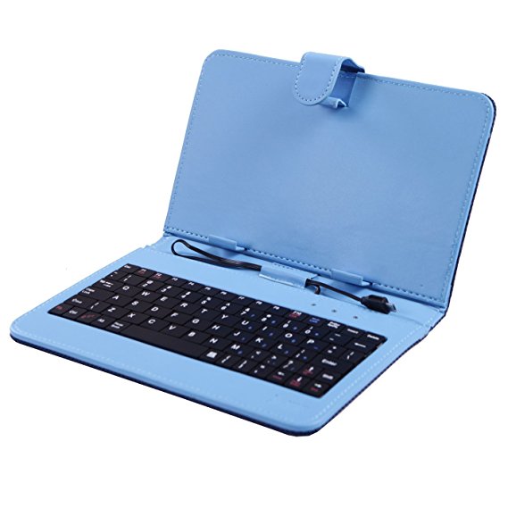 HDE Diamond Stitch Hard Leather Folding Folio Case Cover with Micro USB Keyboard for 7" Tablet (Blue)