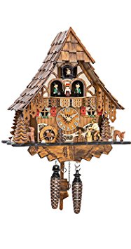 Quartz Cuckoo Clock Black Forest house with moving wood chopper and mill wheel, with music EN 4661 QMT