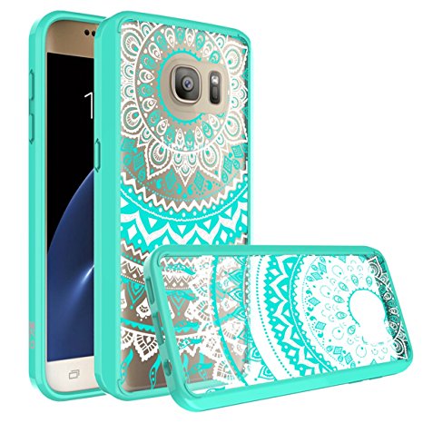 Galaxy S7 Case, SmartLegend Retro Totem Mandala Floral Pattern Clear Acrylic PC Hard Back Cover with TPU Bumper Frame Hybrid Transparent Protective Shell Case for Samsung Galaxy S7 - Mint