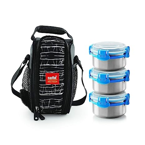 Cello Maxfresh Estella Stainless Steel Lunch Box, 3Pcs, Black