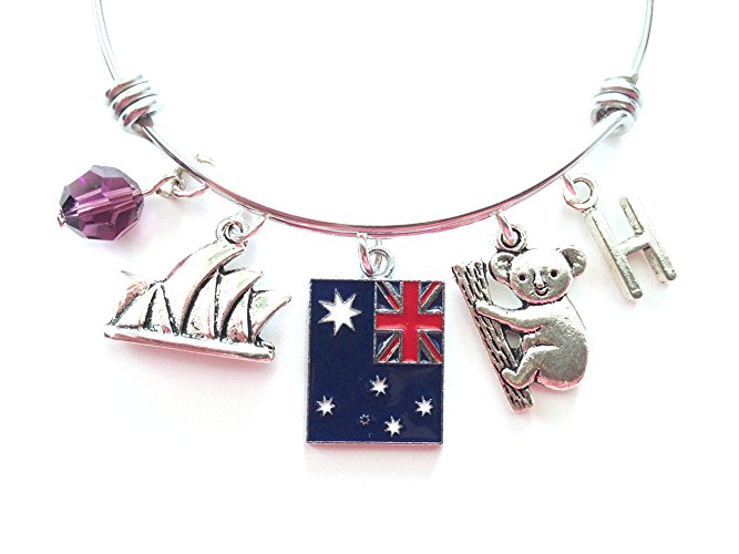 Australia / Australian / Sydney themed personalized bangle bracelet. Antique silver charms and a genuine Swarovski birthstone colored element.