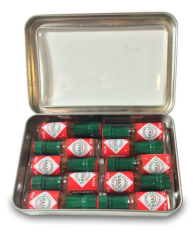 Miniature Tabasco Gift Tin. Ten 1/8 Ounce Mini Bottles of Original Tabasco Pepper Sauce in a Hinged Tin with a Clear See Through Top.