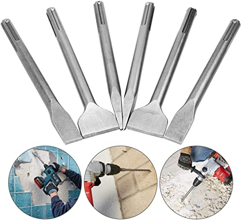 6 Pcs SDS Max Chisel Set Hammer Drill Chisel Set 3/4 inch Masonry Concrete Chisel Drill Bits, HOLAN 11-inch Length Rotary Hammer Chisel Bits Including 50mm Wide Chisel, 25mm Flat Chisel, Point Chisel