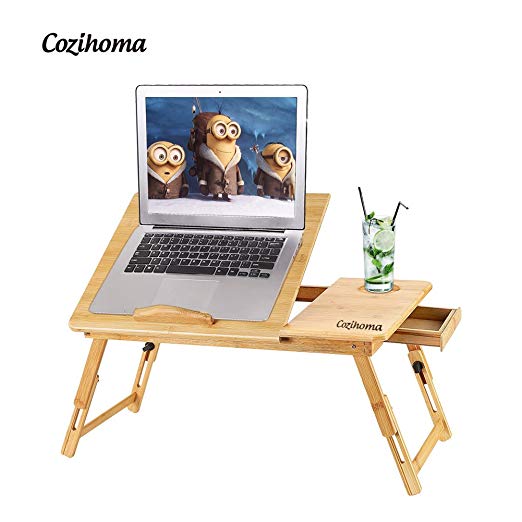 Cozihoma Laptop Desk Bamboo for Bed and Sofa, Portable Adjustable Laptop Desk Table Stand Up/Siting Foldable Breakfast Serving Bed Tray with Drawer, Ergonomics Design