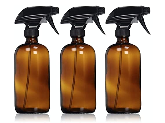 Rayson Empty Amber Glass Spray Bottle - Large 16 oz Refillable Container for Essential Oils, Cleaning Products, or Aromatherapy - Black Trigger Sprayer w/Mist and Stream Settings - 3 Pack