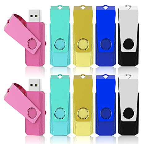 KEXIN 10 Pack 16GB USB 2.0 Flash Drive Bulk Thumb Drive Memory Stick Jump Drive Zip Drive, 5 Colors ( Black, Blue, Yellow, Green, Pink )