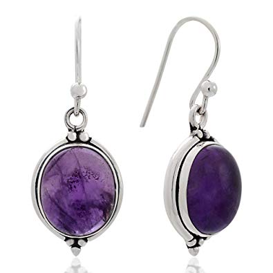 925 Oxidized Sterling Silver Natural Gemstone Oval Shaped Vintage Dangle Hook Earrings 1.3"