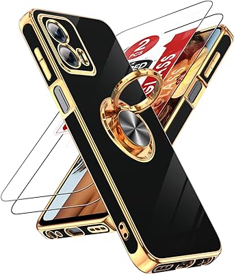 LeYi for Moto G 5G 2023 Case: with Tempered Glass Screen Protector [2 Pack] 360° Rotatable Ring Holder Magnetic Kickstand, Plating Rose Gold Edge Motorola Moto G 5G 2023 Case, Black