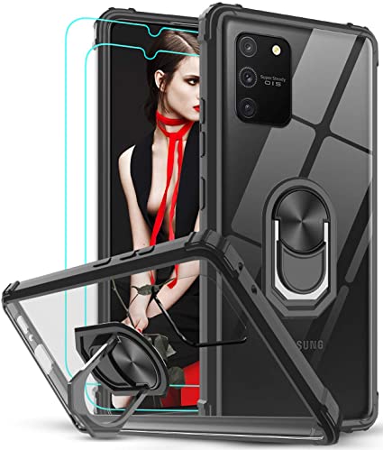 LeYi for Samsung Galaxy S10 Lite Case and 2 Tempered Glass Screen Protector,Crystal Clear Ring Holder Military Grade Shockproof Silicone Hard Mobile Phone Cover for Samsung S10 Lite/A71 5G/A91 Black