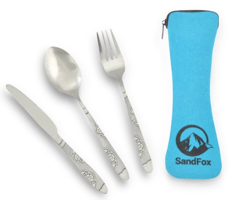 SandFox Camping Utensils Premium Class Stainless Steel Cutlery Set of Spoon, Fork and Knife With Quality Neoprene Case