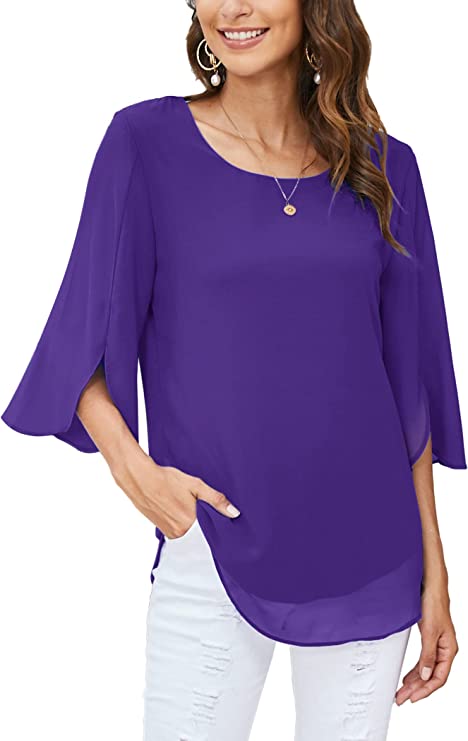 ACEVOG Womens Casual Scoop Neck Loose Top 3/4 Sleeve Chiffon Blouse Shirt Tops