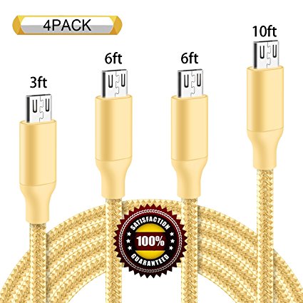 BULESK Micro USB Cable 4Pack 3FT 6FT 6FT 10FT 5000  Bend Lifespan Premium Nylon Braided Micro USB Charging Cable Samsung Charger Cord for Samsung Galaxy S7 Edge/S7/S6/S4/S3,Note 5/4/3 (Gold)