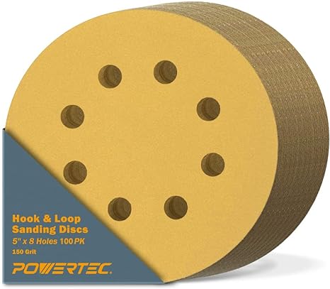 POWERTEC 44015G-50-P2 5 Inch 8 Hole Hook and Loop Sanding Discs, 150 Grit, 100 PK, Sandpaper for Ramdom Orbital Sanders, Air Sander, Pneumatic Sander, Auto Body Shop