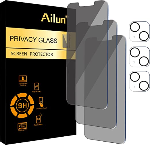 Ailun 3Pack Privacy Screen Protector for iPhone 13[6.1 inch]   3 Pack Camera Lens Protector, Anti Spy Private Tempered Glass Film,[9H Hardness] - HD [Black][6 Pack]