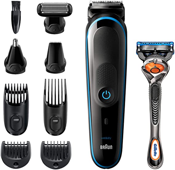 Braun 9-in-1 Trimmer MGK5280 Beard Trimmer for Men, body grooming Kit & Hair Clipper, Black/Blue, 1 Count