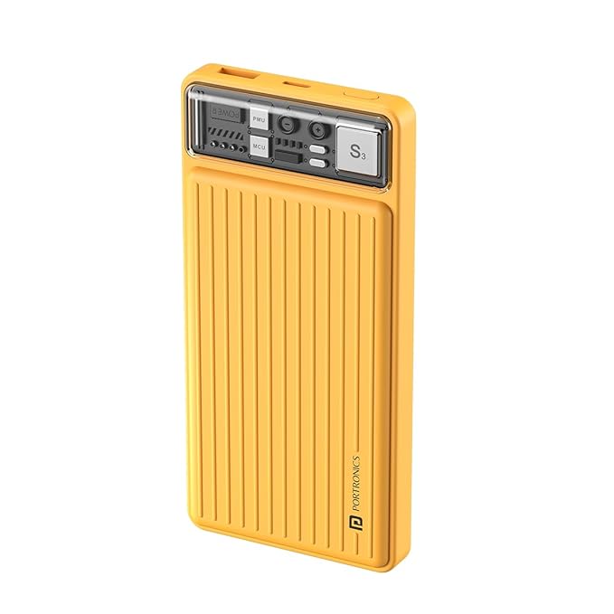 Portronics Luxcell 10K 10000 mAh Designer Power Bank with 22.5W Max Output, LED Indicator, Mach USB-A Output, Type C PD Output, Type C Input, Wake Up Button(Yellow)