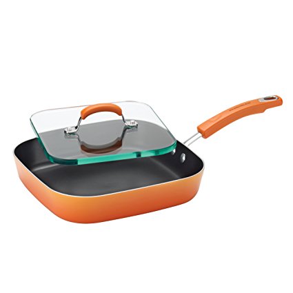 Rachael Ray Porcelain Enamel II Nonstick Square Deep Griddle and Glass Press, 11-Inch, Orange Gradient