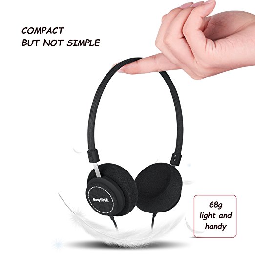 EasySMX M110 Lightweight On-Ear Music Headphone Stylish Fabric Design In-line Control with Microphone for PC/Smartphones/MP4/MP3 3.5mm Plug - Fit Adults and Kids (Black)