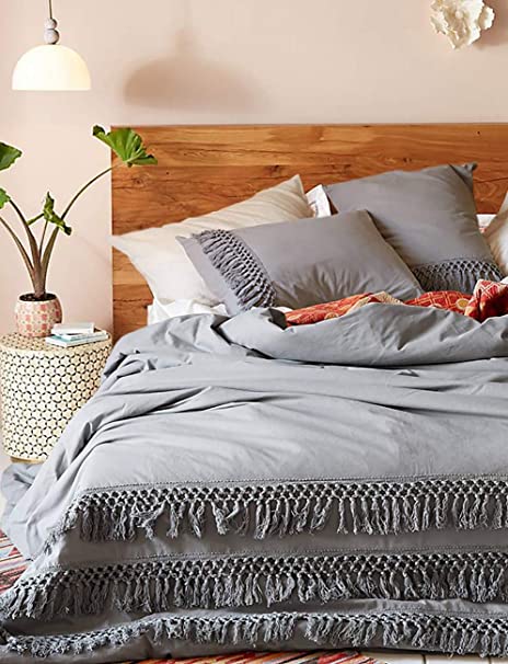 Flber Boho Tassel Duvet Cover King Cotton Bedding Grey,96in x104in