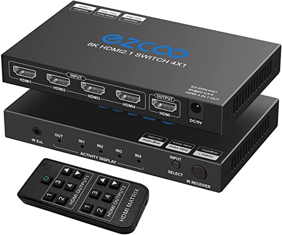 8K HDMI 2.1 Switch 4x1 4K 120Hz 8K 60Hz 4 Port HDMI 2.1 Switcher 48Gbps CEC ARC HDCP2.2 4 In 1 Out HDR D-olby vision Atmos IR Remote All Resolution Formats SupportedSW41H21