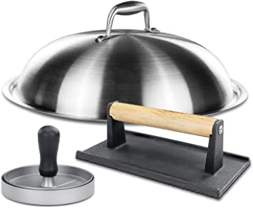 Hisencn Griddle Accessories Kit- 13 Inch Stainless Steel Basting Cover Melting Dome Lid, Cast Iron Bacon Press with Non-Stick Hamburger Patty Maker Mold - Perfect for Flat Top Griddle Grill Cooking