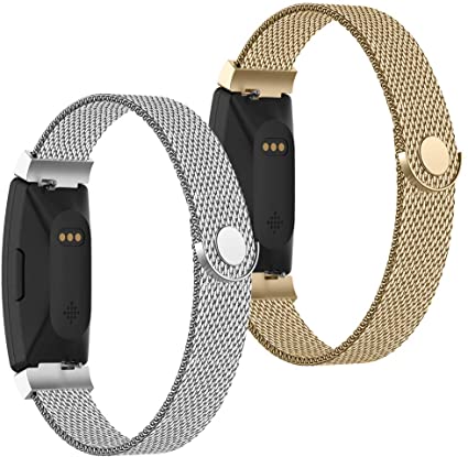 POY Compatible with Fitbit Inspire Hr Bands, Stainless Steel Replacement for Fitbit Inspire and Ace 2 Metal Loop Bracelet Sweatproof Wristbands for Women Men 2 Packs