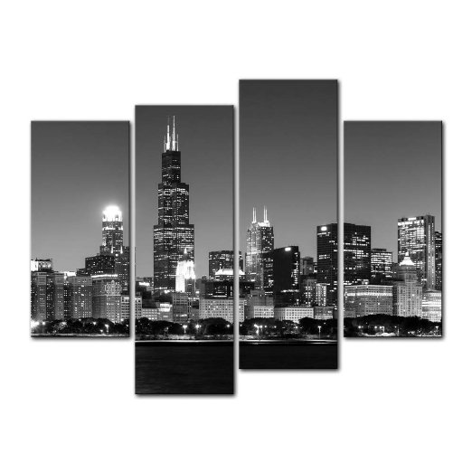 4 Pieces Modern Canvas Painting Wall Art The Picture For Home Decoration Panoramic View Of Chicago Skyline At Night In Black And White Place Cityscape Print On Canvas Giclee Artwork For Wall Decor
